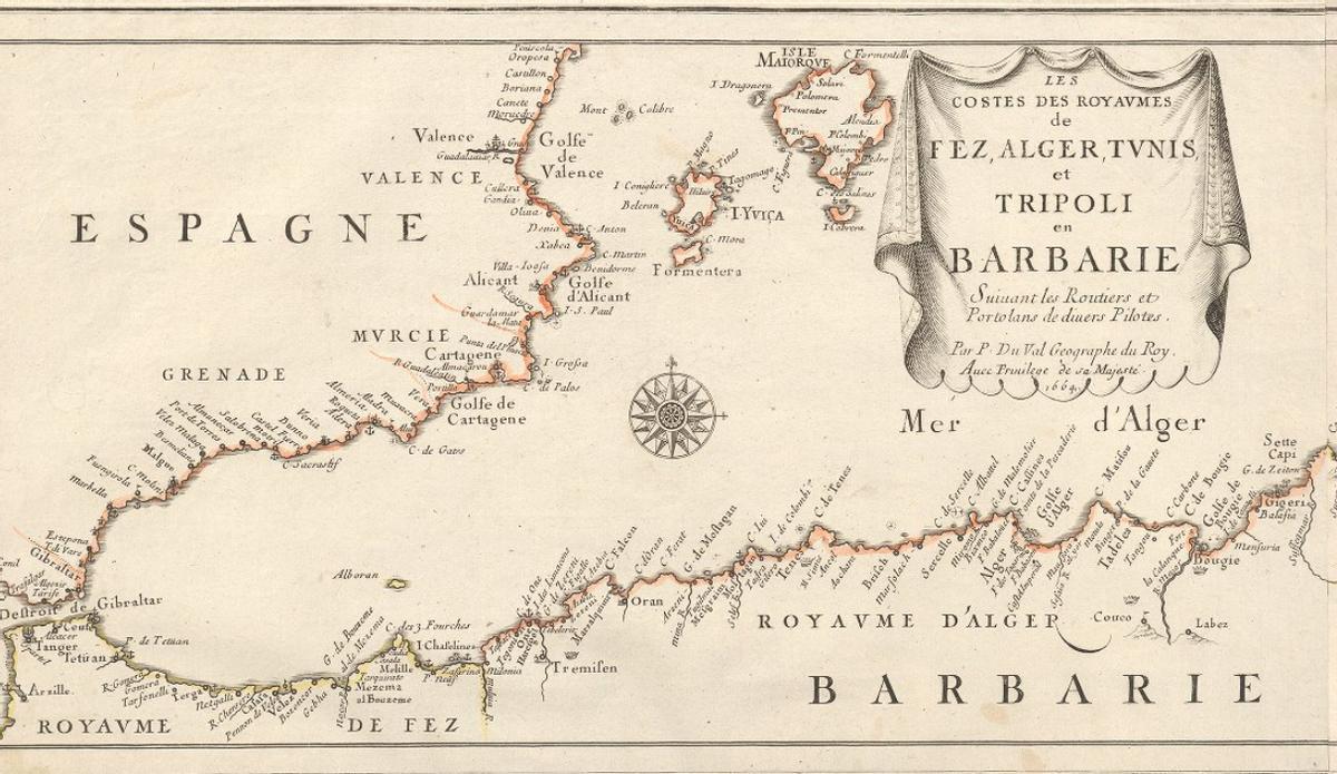 Mapa de Pierre Du Val (1664) que muestra las costas de España y la zona de Berbería.