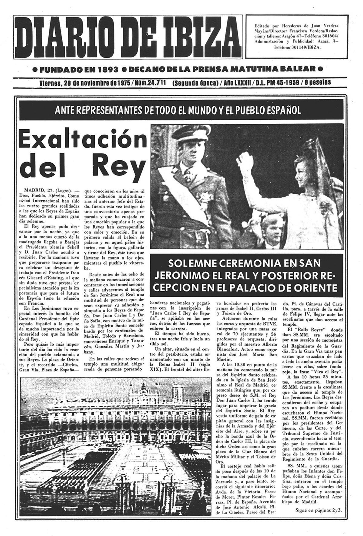 28 de noviembre de 1975. Comienza el reinado de Juan Carlos I. Juan Carlos I es proclamado Rey y manifiesta su voluntad de construir un régimen democrático basado en la soberanía popular.