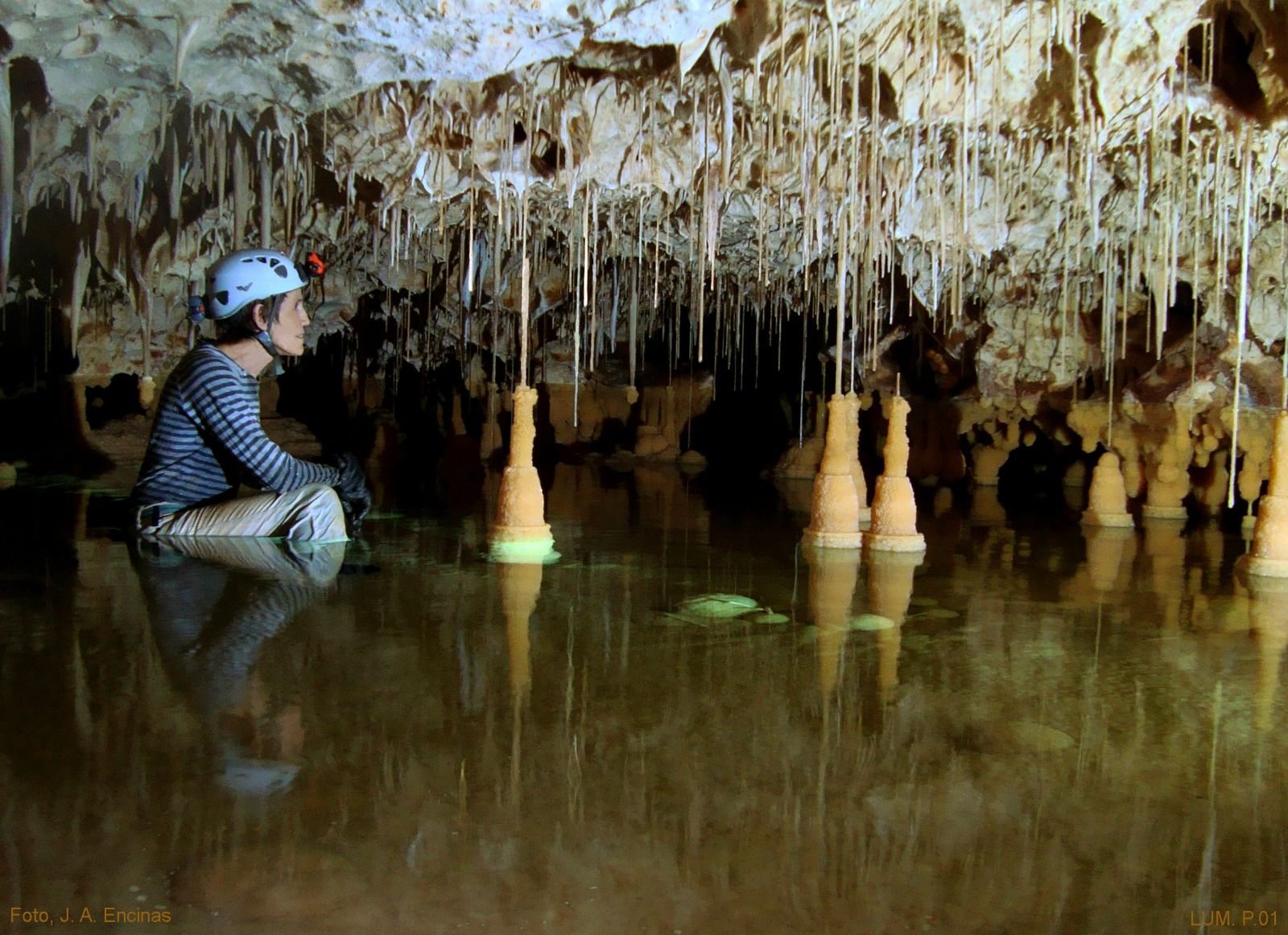M. L. Redondo contempla los interesantes espeleotemas de esta cueva, la que brinda la máxima longitud absoluta y el máximo recorrido relativo