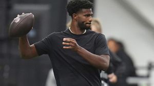 FILE - Colorado quarterback Shedeur Sanders (2) takes part in passing drills during Colorados NFL football pro day Friday, April 4, 2025, in Boulder, Colo. (AP Photo/David Zalubowski,File). AP FILE PHOTO