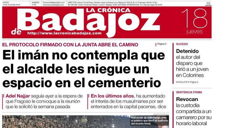 Esta es la portada de LA CRÓNICA DE BADAJOZ correspondiente al día 18 de julio del 2019