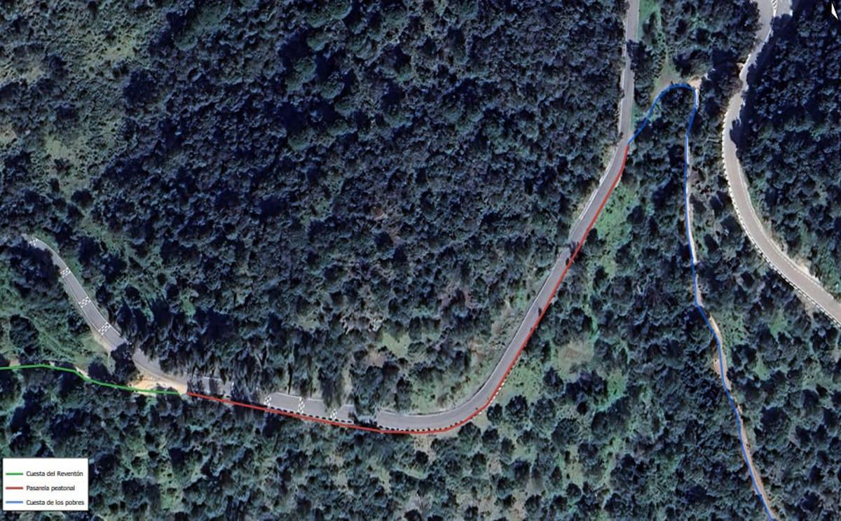En verde la cuesta del Reventó, en rojo por donde irá la pasarela y en azul la cuesta de los Pobres.