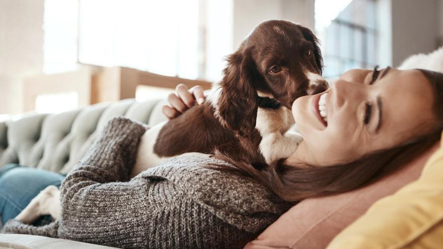 Una mujer juega con su perro.