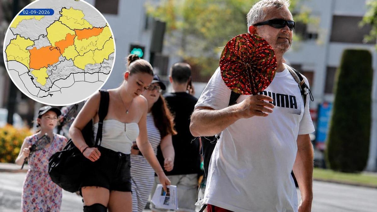 En la imagen grande, varias personas soportan como pueden el calor en una calle de Córdoba. En el círculo, avisos climáticos de la Aemet hoy miércoles, 2 de septiembre.