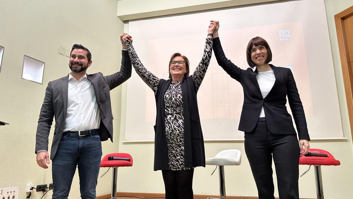 Samuel Falomir, Maria Josep Safont y Diana Morant en un acto electoral en Burriana en las municipales del 2023.