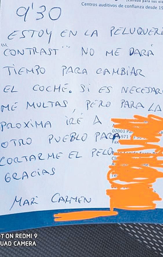 La nota que dejó una conductora en Inca.