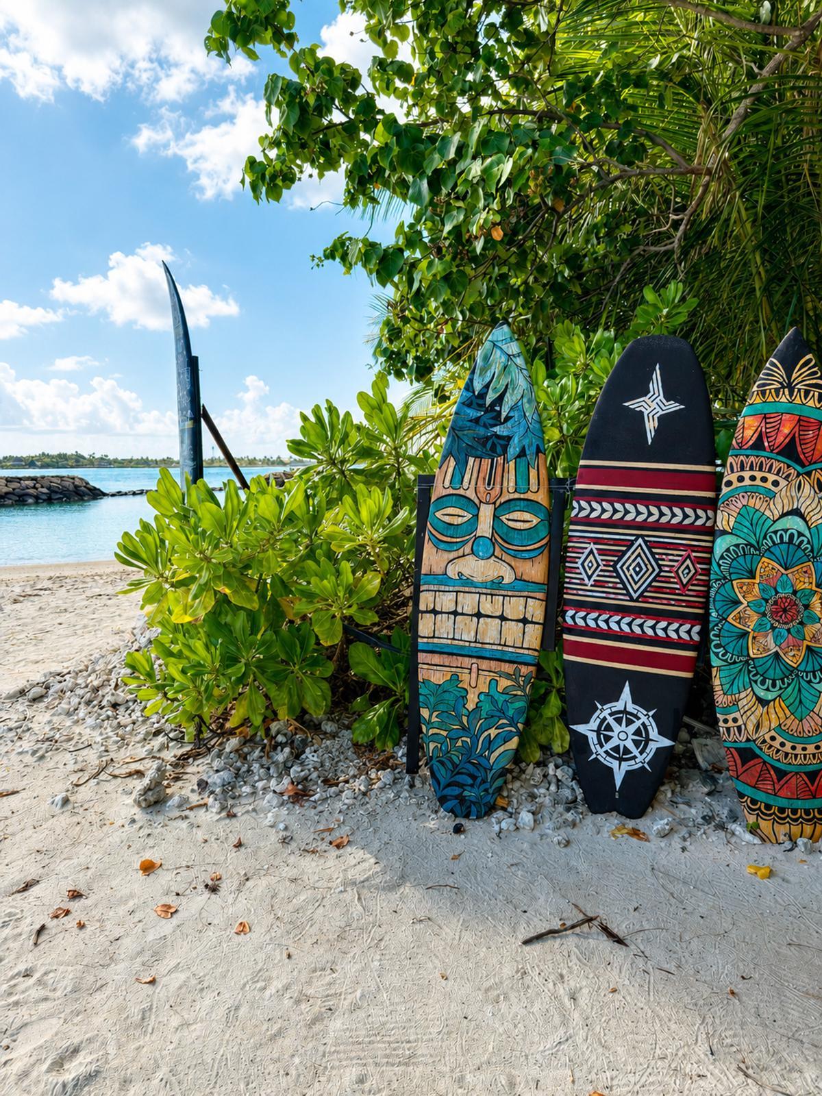 Tablas de surf en una playa de Thulusdhoo, una de las islas locales de Maldivas donde el mar se vive a través de los deportes acuáticos.