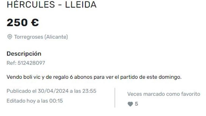 La reventa para el Hércules-Lleida alcanza ya los 250 euros por una entrada