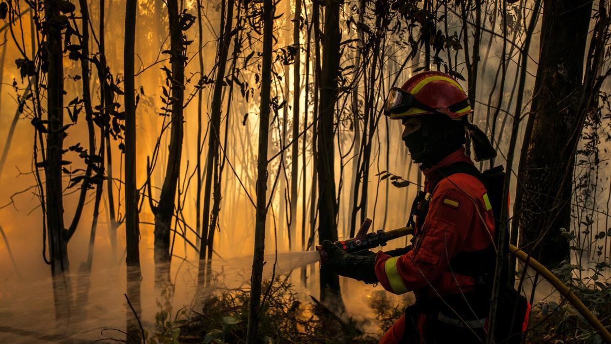 Un bombero combatiendo contra un incendio forestal.