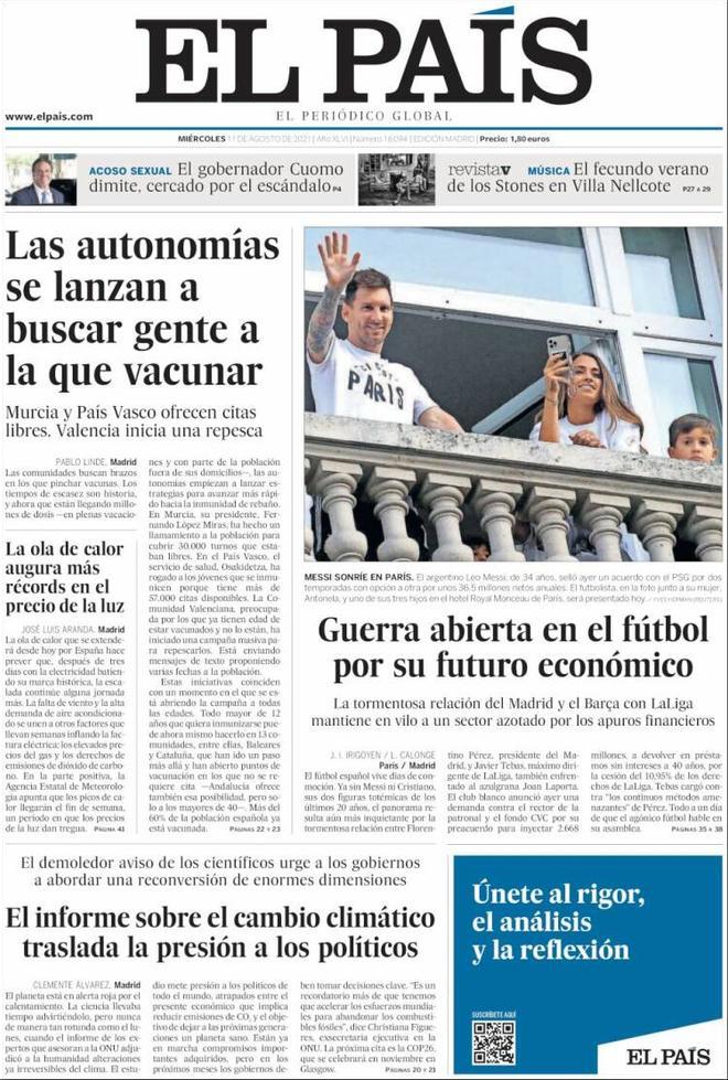 Portada de El País del 11 de agosto