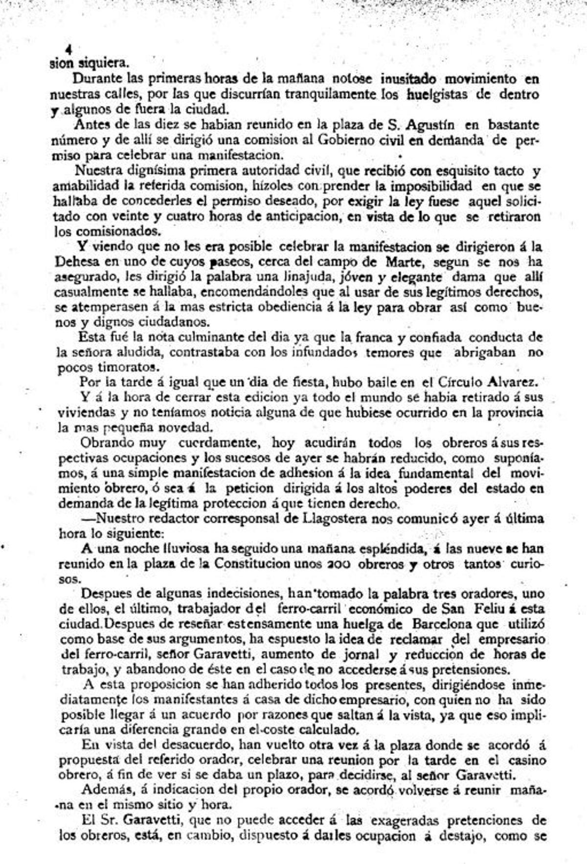 Una pàgina del Diari de Girona, del primer de maig de 1890, amb informació sobre els actes celebrats a la província en ocasió de la primera edició de la diada del treball.