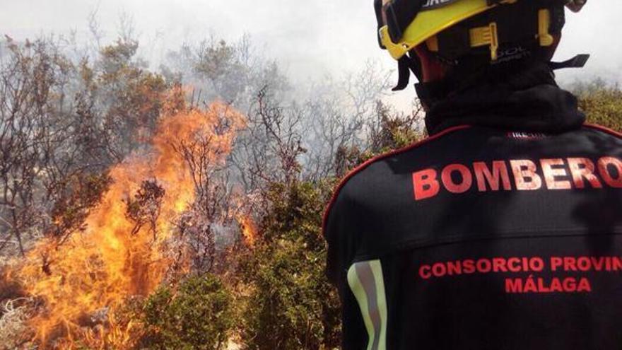 Un miembro del del Consorcio Provincial de Bomberos trabaja en la extinción del incendio de Ronda.