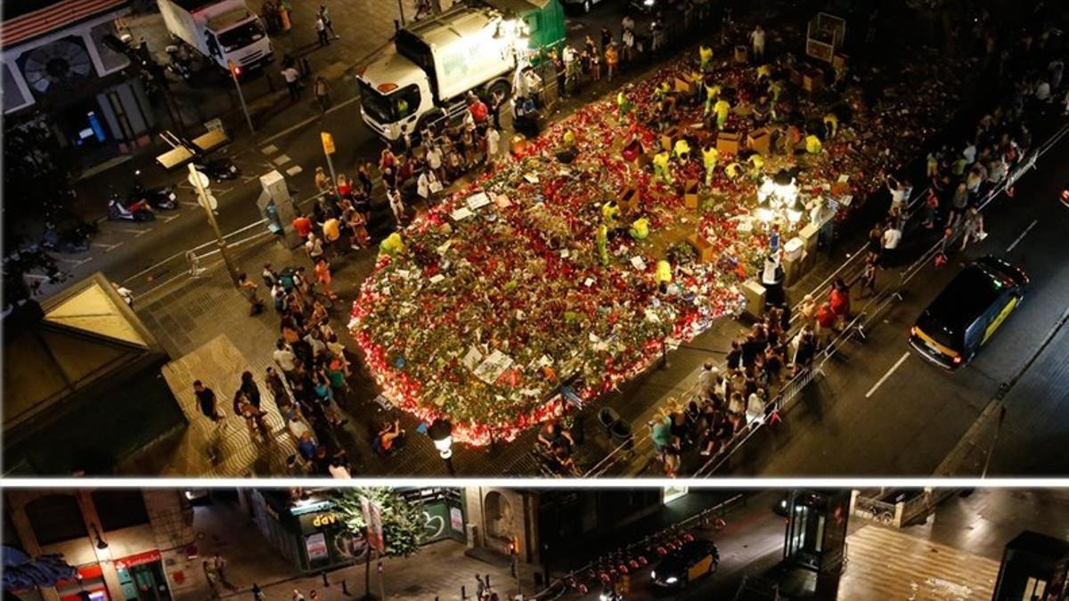 Dos imágenes de La Rambla; una muestra las ofrendas y la otra, el mosaico de Miró ya limpio.