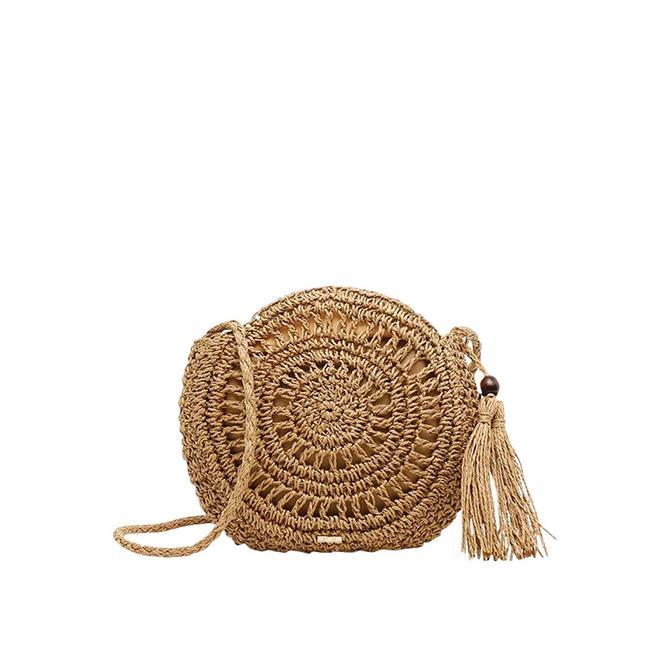 Bolso circular de rafia con pompón, de Misako