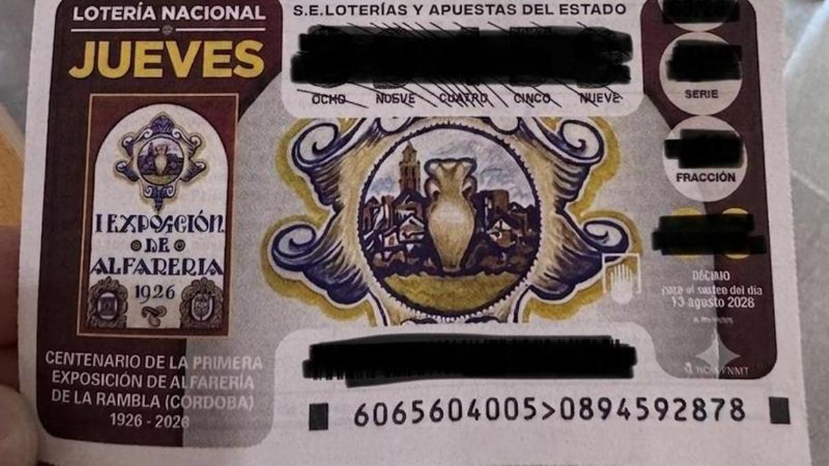 Decimo de la Lotería Nacional dedicado a la primera Exposición de Alfarería de La Rambla de 1926 con motivo del centenario de aquel evento.