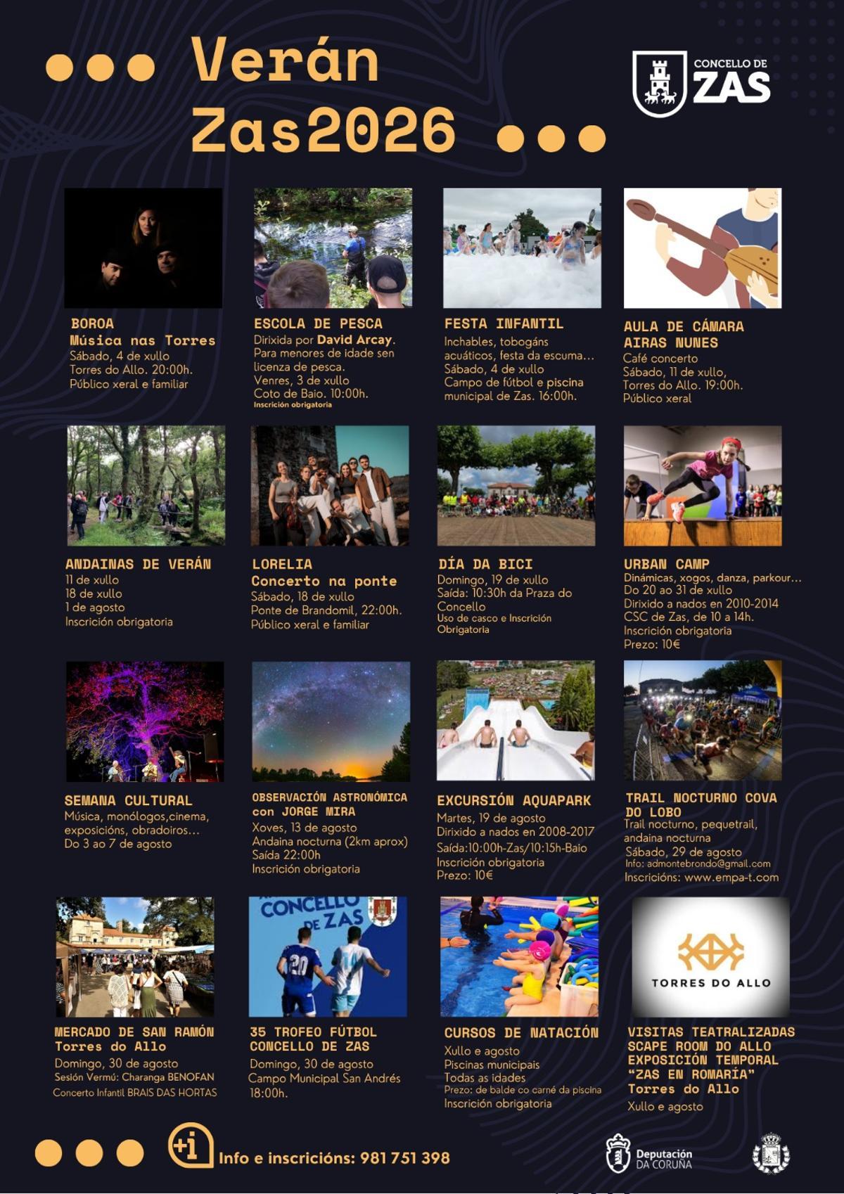 Cartel promocional das actividades de verán do Concello de Zas.