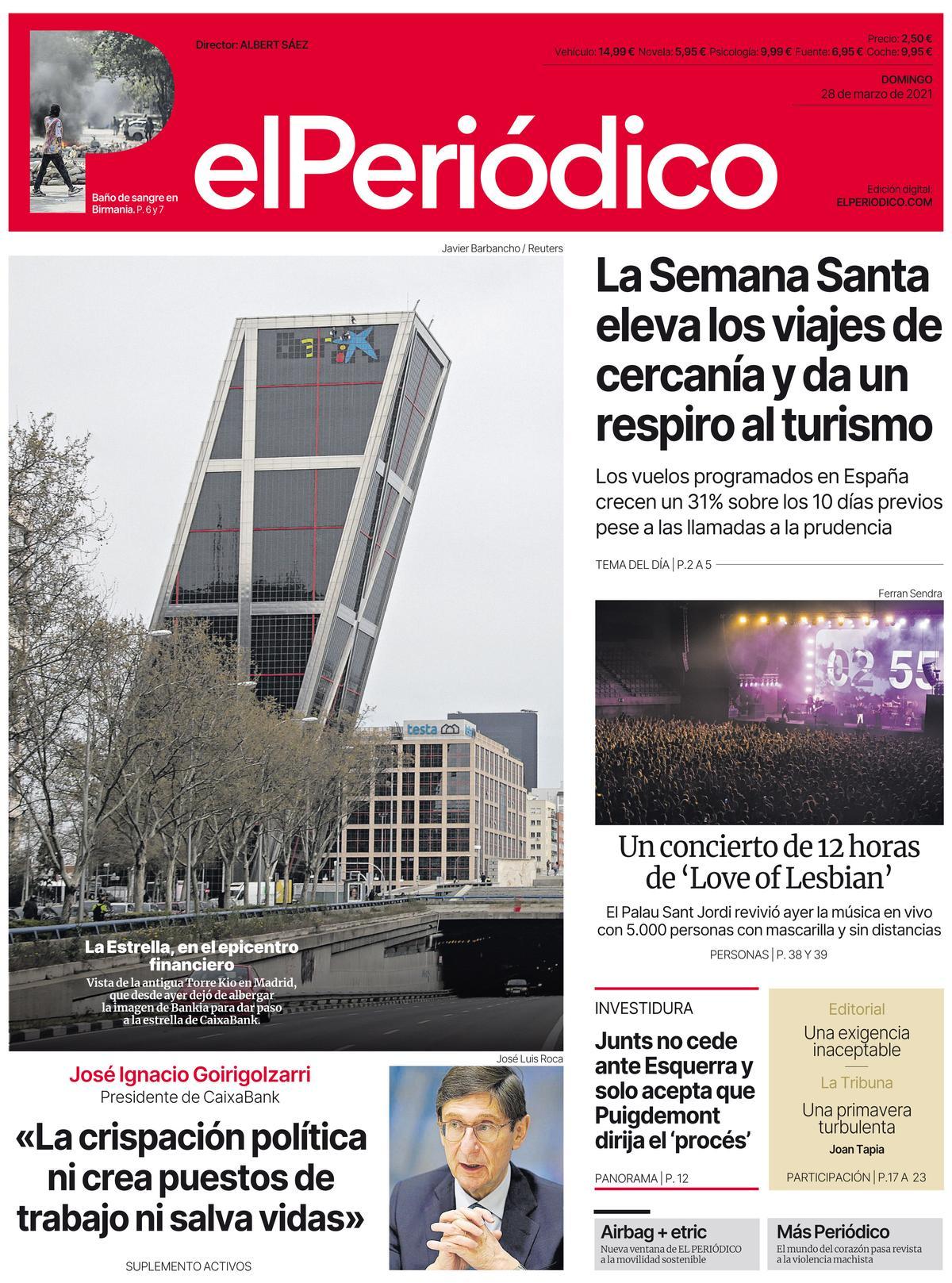 La portada d’EL PERIÓDICO del 28 de març del 2021