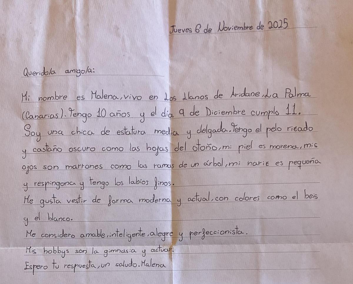 Carta d'una xiqueta del CEIP La Laguna als infants del CEIP Cervantes d'Algemesí.