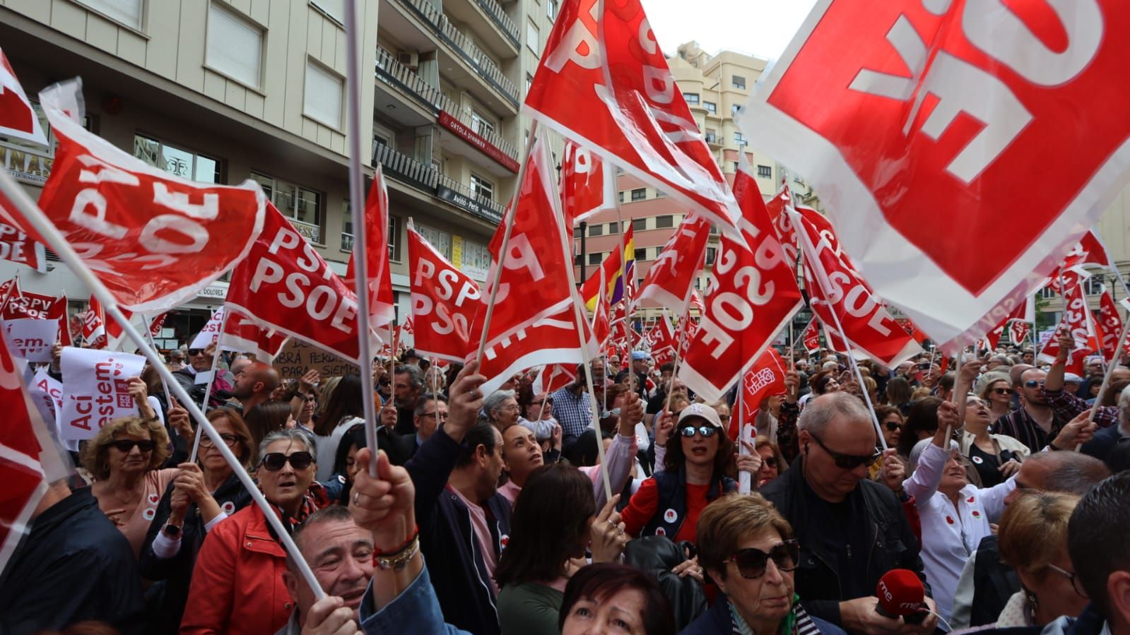 Cientos de pancartas del PSOE han ondeado hoy en València.