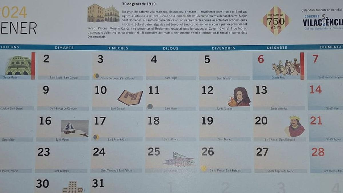 Imagen de la página de enero del calendario de la Fundació Caixa Rural Vila-real para el 2024 y en cuyo reverso de citan varios acontecimientos de la historia de la ciudad.