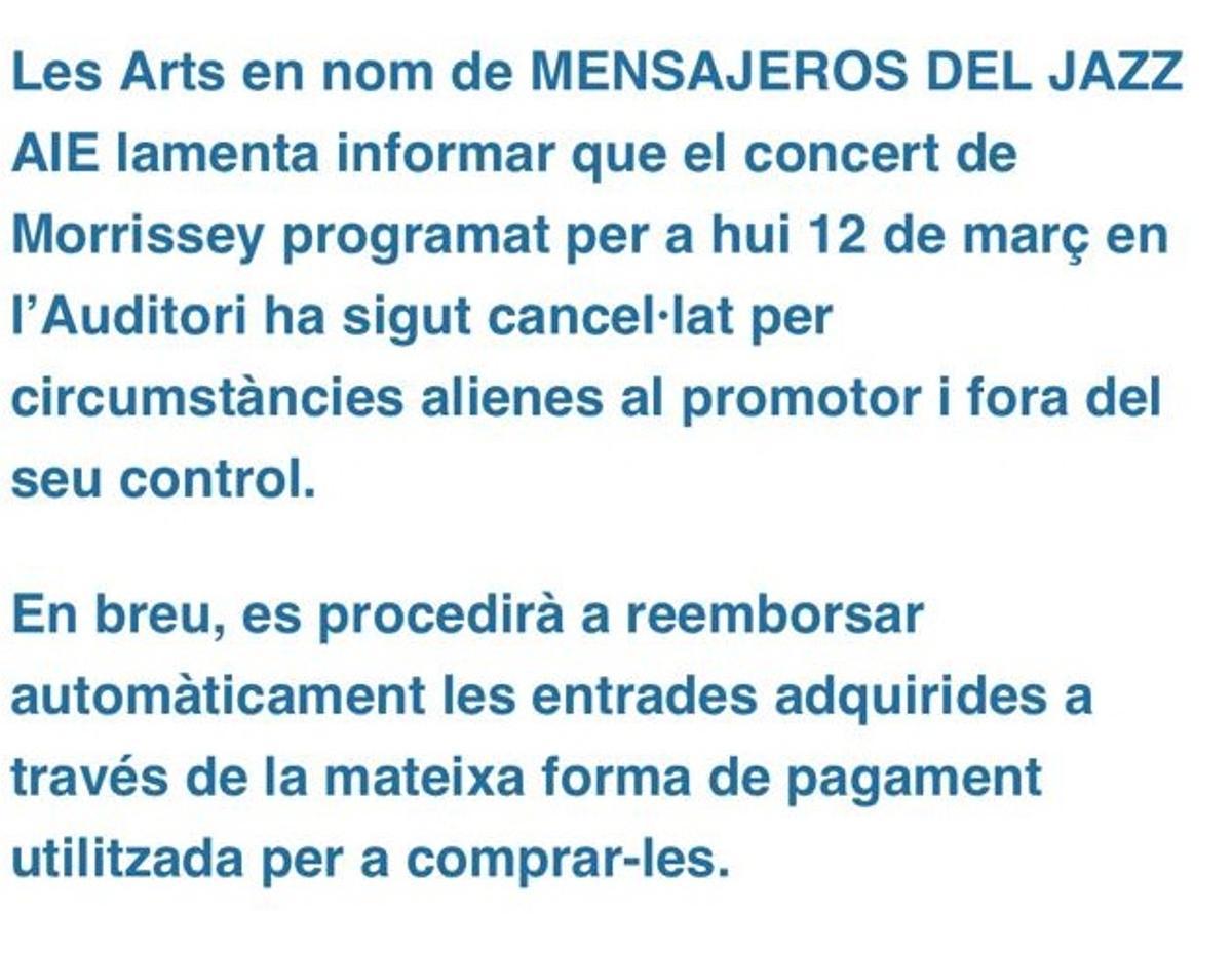 El mensaje en el que se indica el reembolso de las entradas.