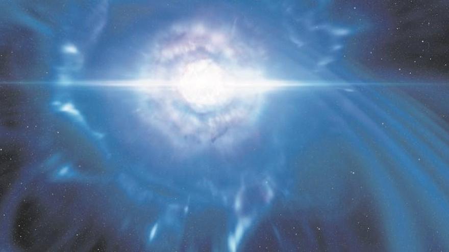 Imagen virtual facilitada por el Observatorio Europeo Austral que muestra la colisión de dos estrellas de neutrones.