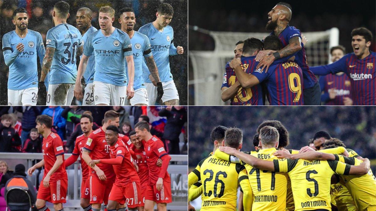 Los jugadores de Manchester City, Bayern, Barcelona y Dortmund, tras un gol