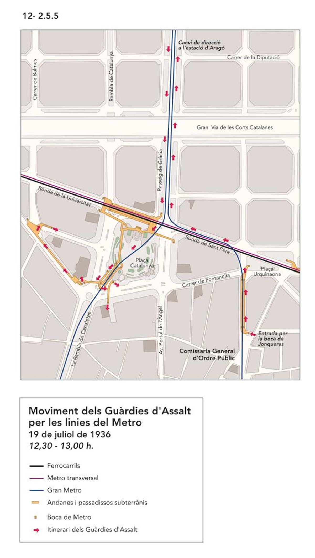 Acció que van portar a terme els guàrdies d’assalt entrant pels túnels del metro de la plaça de Catalunya i del carrer de Jonqueres. Els guàrdies van sortir per les boques de metro situades a la Rambla. 