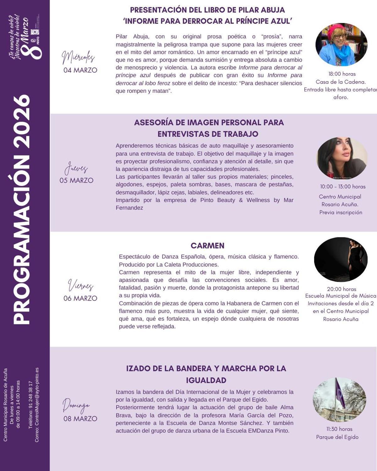 Programa de actividades de Pinto para conmemorar el 8M.