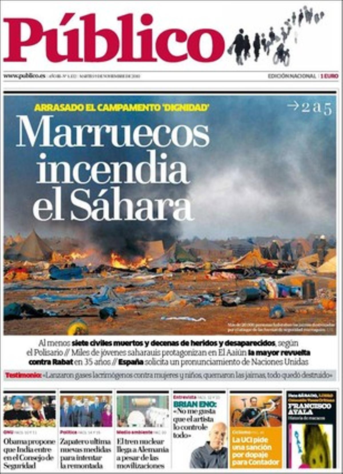 A les pàgines interiors ’Público’ destaca que Raúl Castro compleix l’acord amb l’Església sobre els presos i que només segueixen empresonats els 13 que es neguen a abandonar l’illa; que el nou Govern de Zapatero crea més expectatives, segons una enquesta pròpia; que un ciutadà, Rómulo-Antonio Tenés, ha facilitat al Tribunal Suprem una denúncia que podria servir per jutjar l’exfiscal Carlos Jiménez Villarejo per les seves crítiques al Tribunal Suprem per les seves actuacions contra Baltasar Garzón; i que el sector catalanista de l’Església surt reforçat amb la visita del Papa.