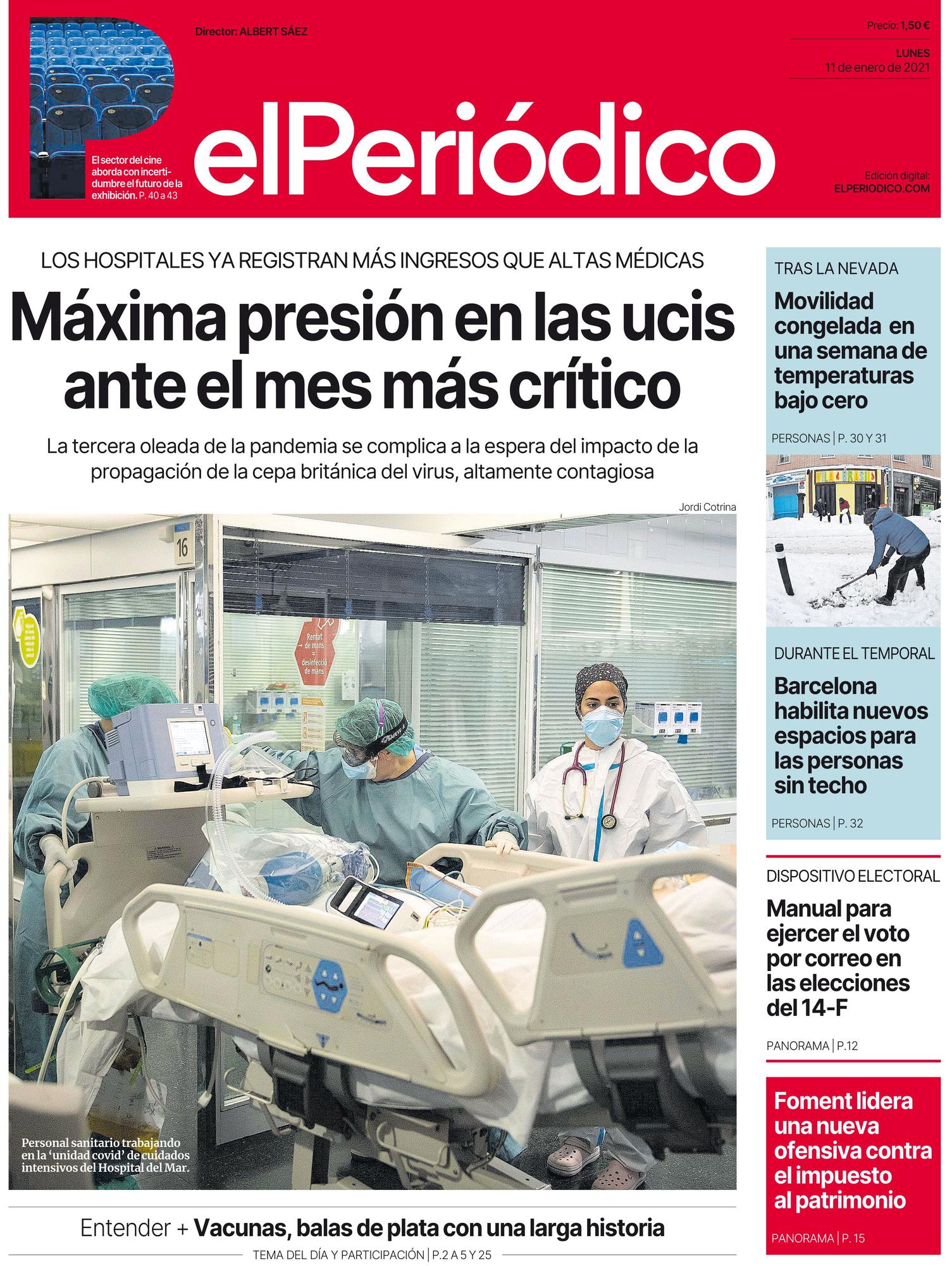 La portada de EL PERIÓDICO del 11 de enero de 2021