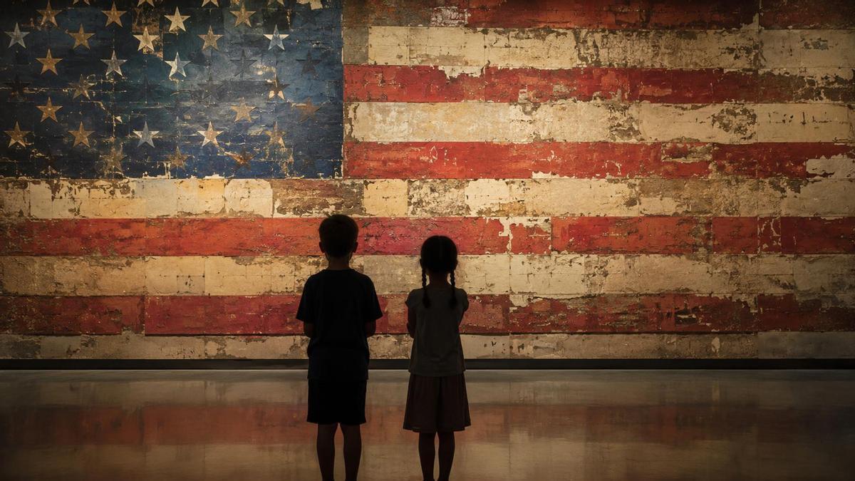 Dos figuras infantiles ante un símbolo nacional desgastado: una metáfora visual de la distancia entre la promesa americana y la experiencia de las nuevas generaciones.