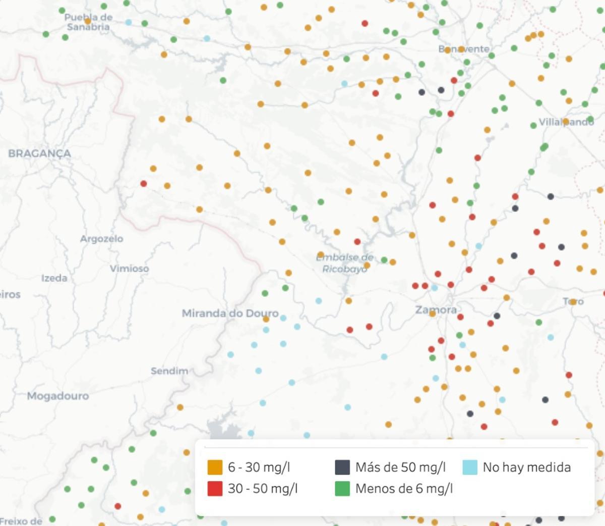 Mapa de contaminación por nitratos en la provincia de Zamora