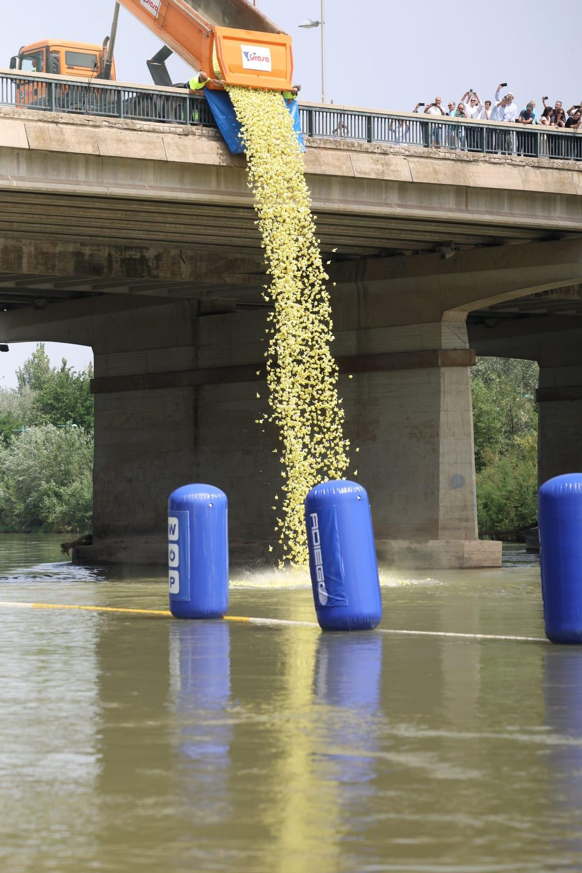 Momento en el que se han lanzado al agua miles de patitos desde el puente de La Almozara.