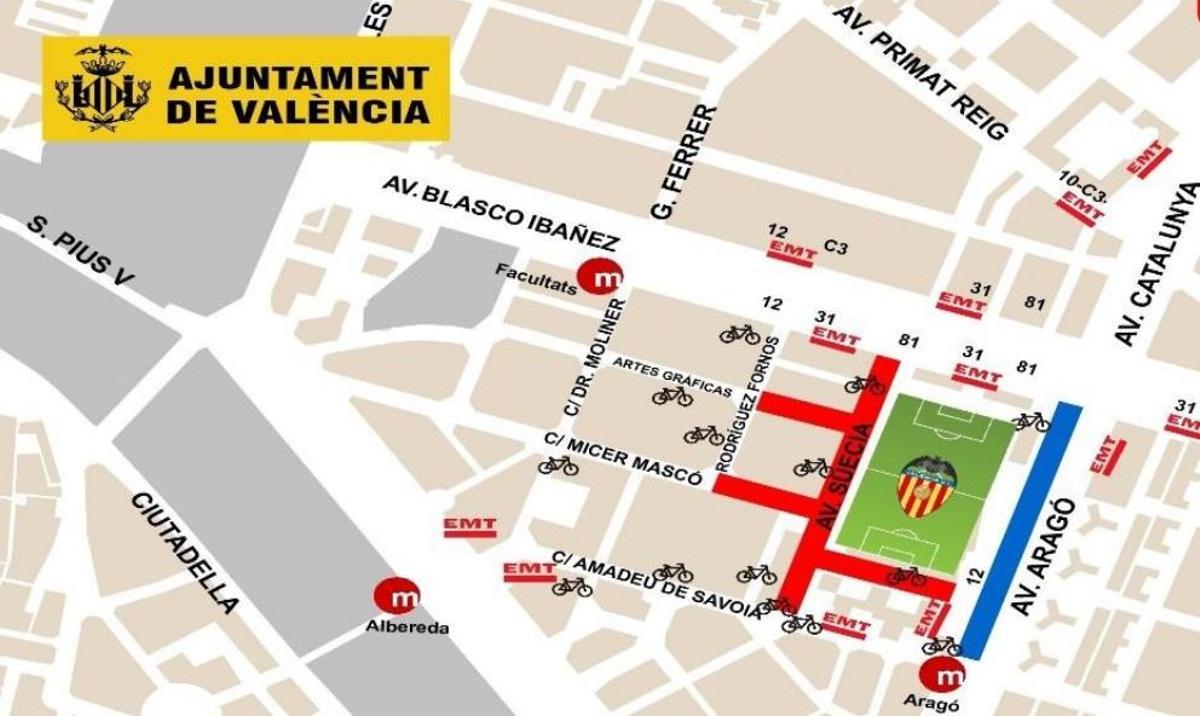 Cortes de tráfico en el entorno de Mestalla