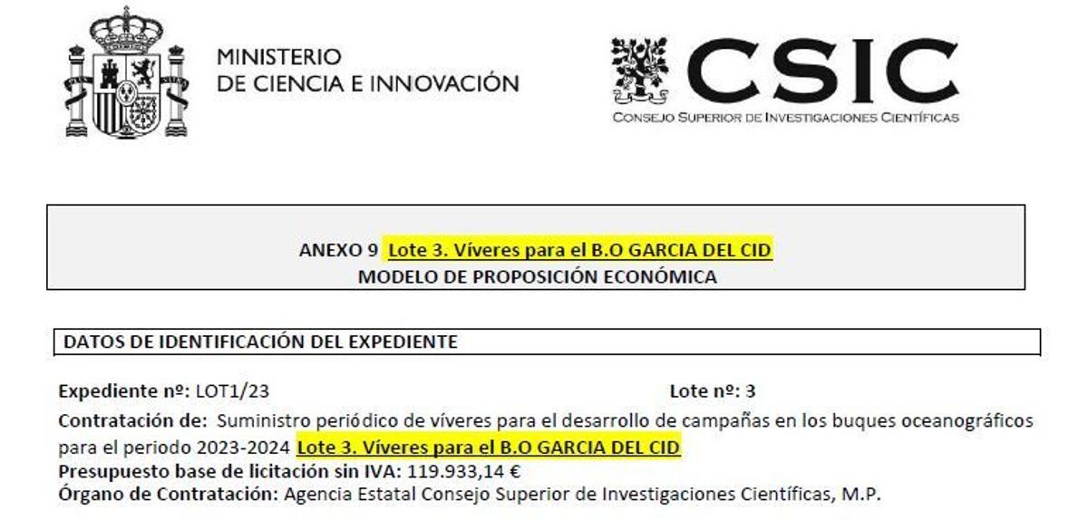 El concurso con el que el CSIC contrató comida para el buque para todo 2024.