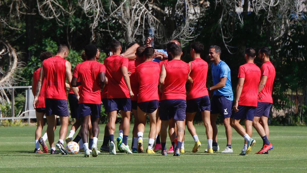 Los futbolistas del Córdoba CF, durante un &quot;manteo&quot; a Pepillo este viernes.