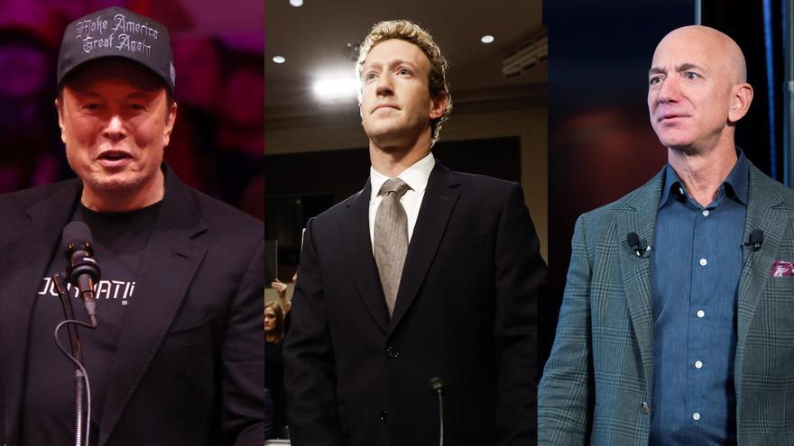 Elon Musk, Mark Zuckerberg y Jeff Bezos, las tres mayores fortunas del mundo.