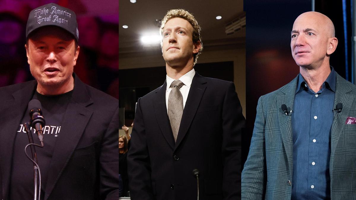 Elon Musk, Mark Zuckerberg y Jeff Bezos, las tres mayores fortunas del mundo.