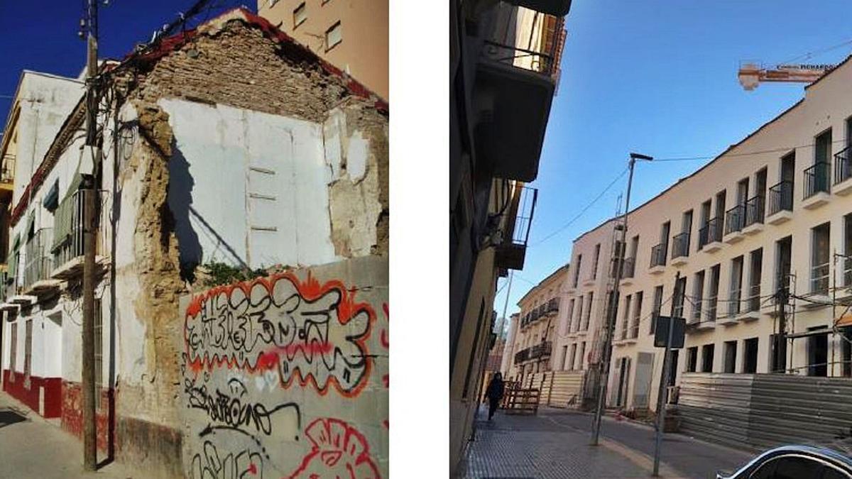 Imagen del antes y el después de construir de un solar en la calle Alta.