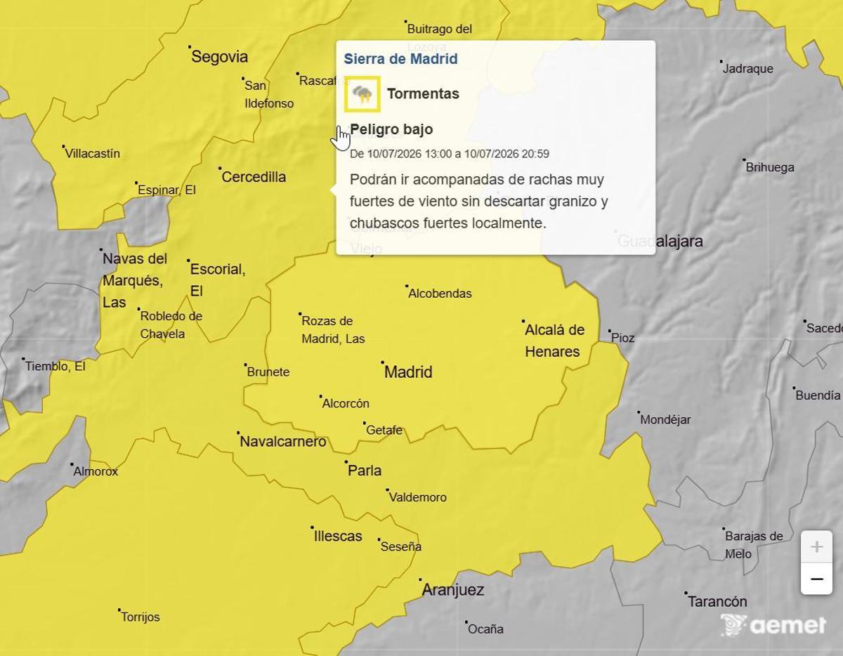 Mapa de avisos para este viernes, algunas zonas por calor y otras (Sierra) por tormentas