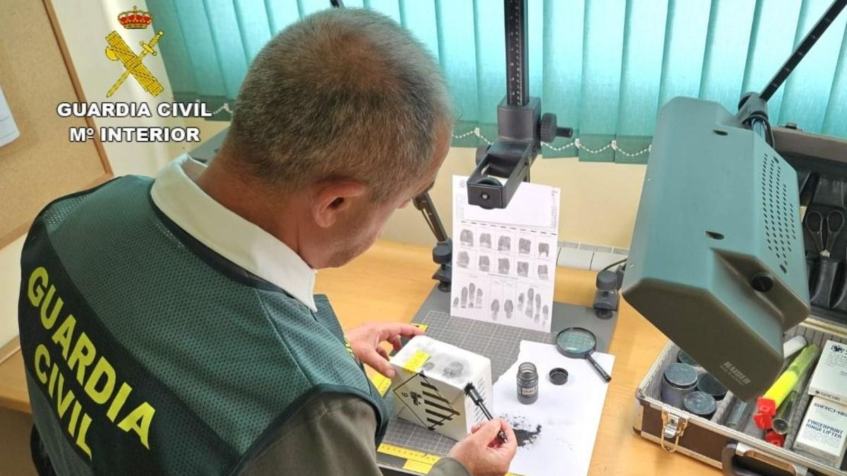 Un agente de la Guardia Civil examinando huellas.