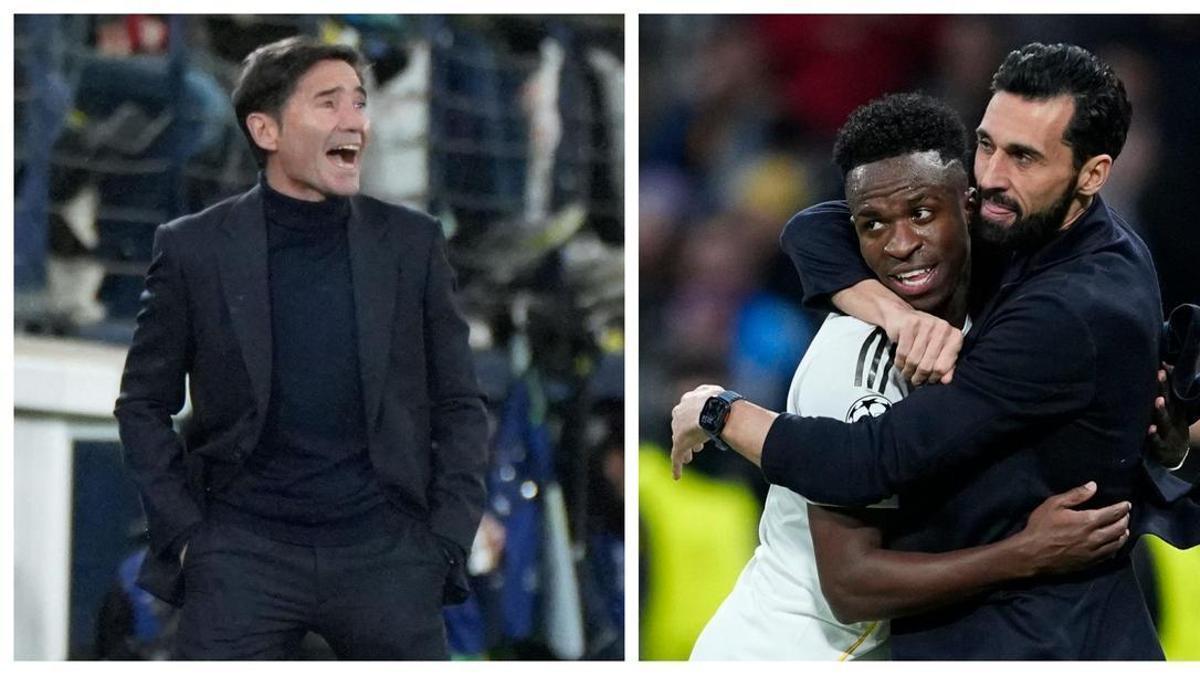 Marcelino García Toral (i), entrenador del Villarreal, y Álvaro Arbeloa (d), que abraza a Vinícius, técnico del Real Madrid.