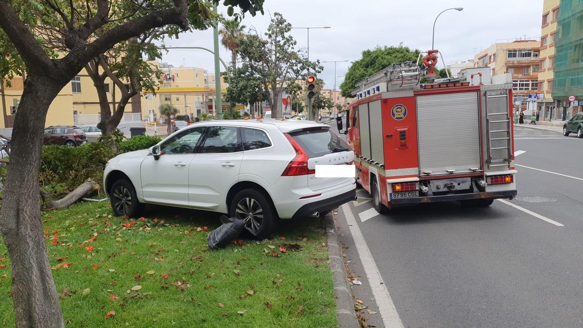 El vehículo implicado en el accidente. A la izquierda, el tronco del árbol que arrancó tras el impacto en la calle Calzada Lateral del Norte, en Miller Bajo.