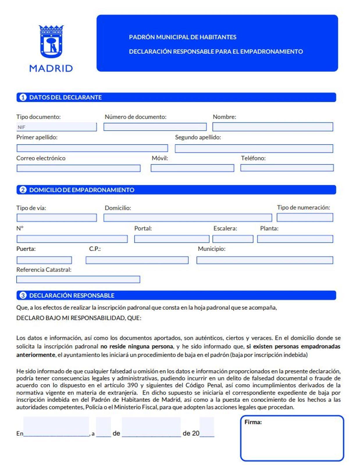 Ejemplo de Declaración Responsable de Empadronamiento