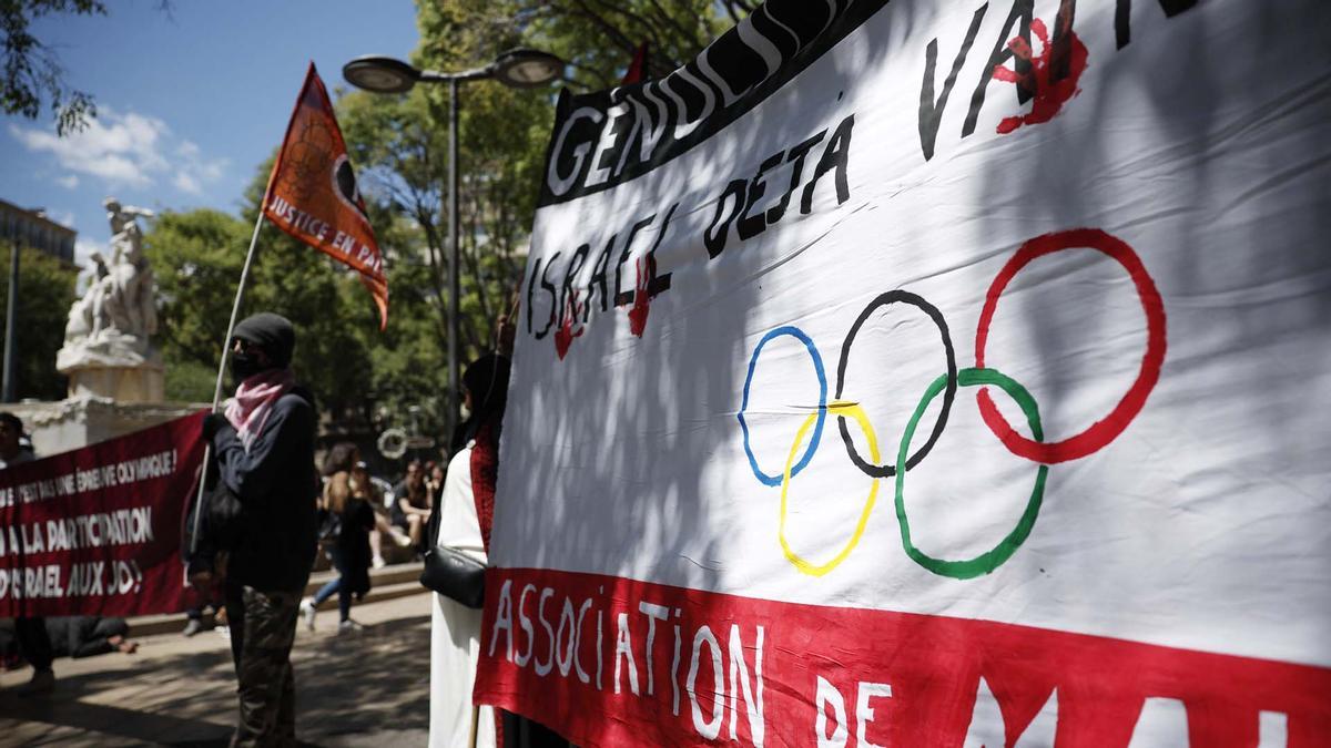 Manifestación contra los Juegos Olímpicos de París en apoyo de Palestina en medio del conflicto entre Israel y Hamas