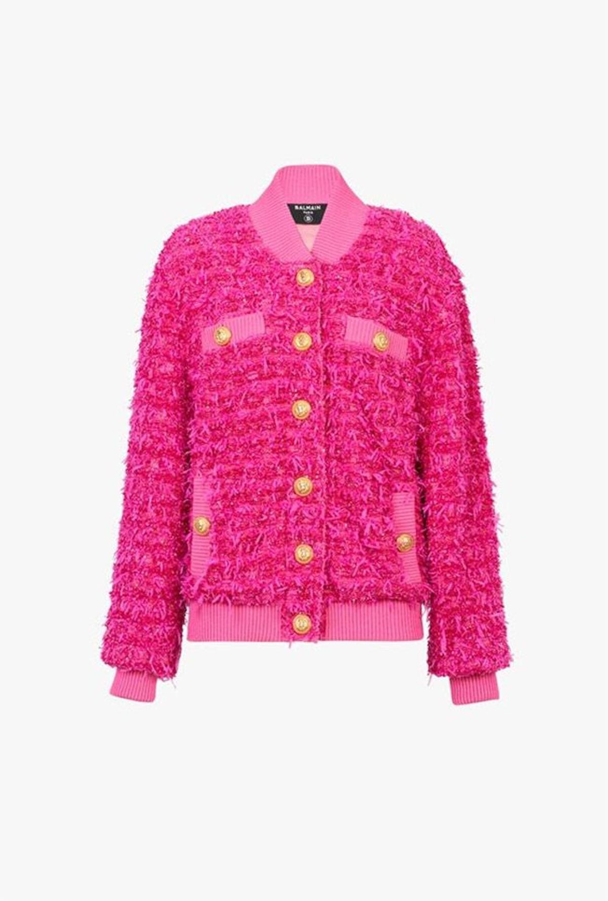 Chaqueta bomber en tweed rosa de Balmain x Barbie