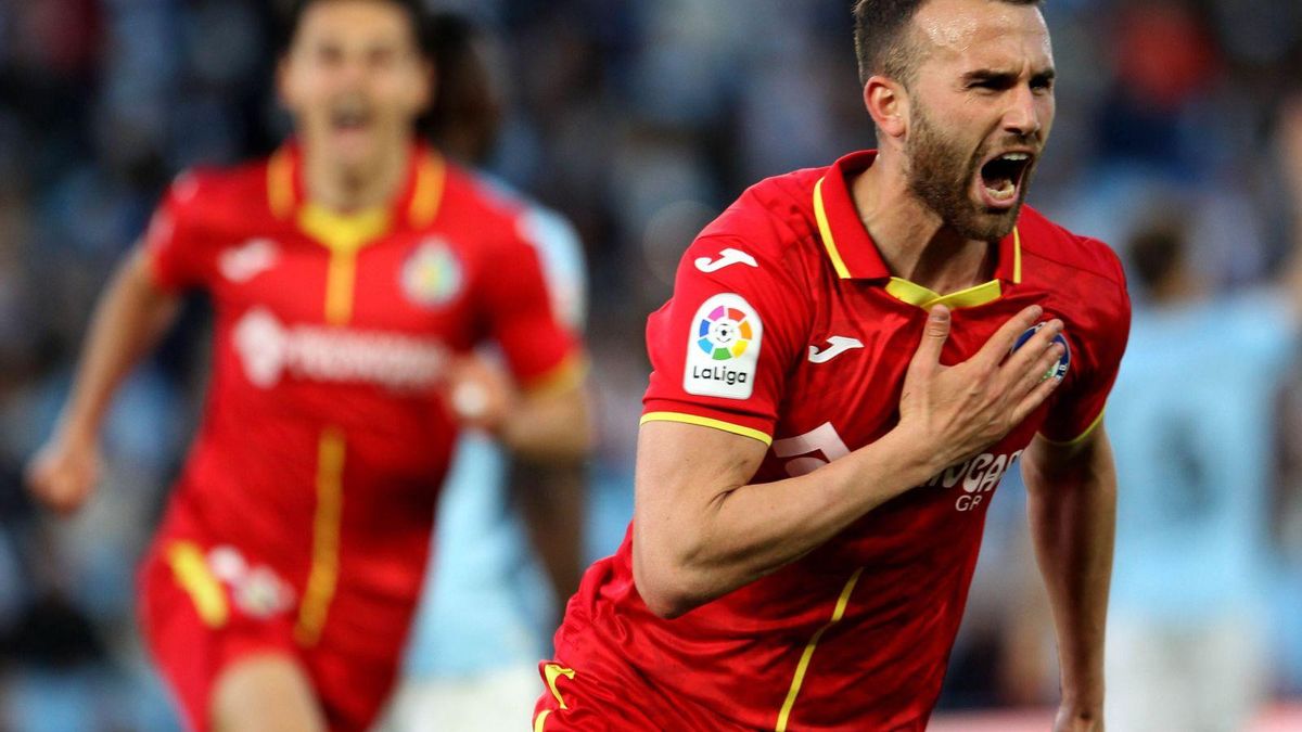Borja Mayoral celebra uno de los dos goles que le marcó al Celta en Balaídos la pasada temporada.