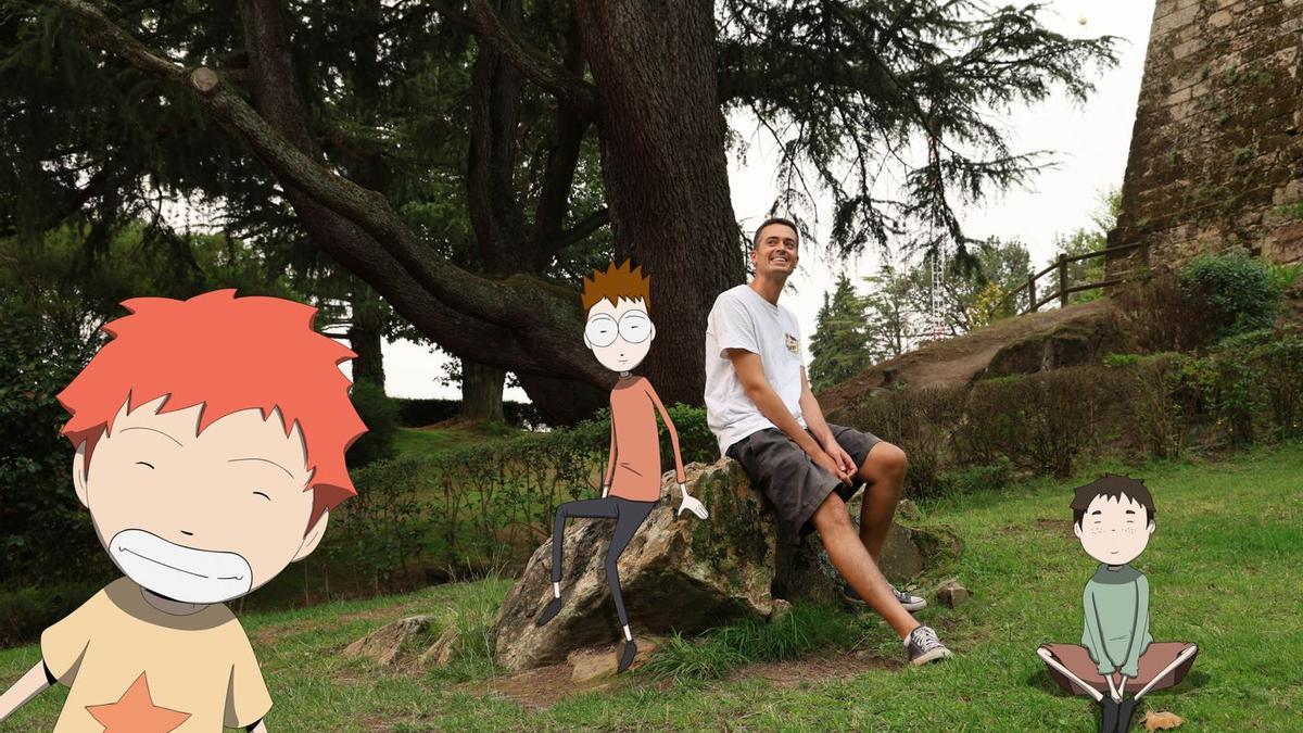 El animador vigués José Garnelo en O Castro, con sus personajes Ki, Cas y Ori.