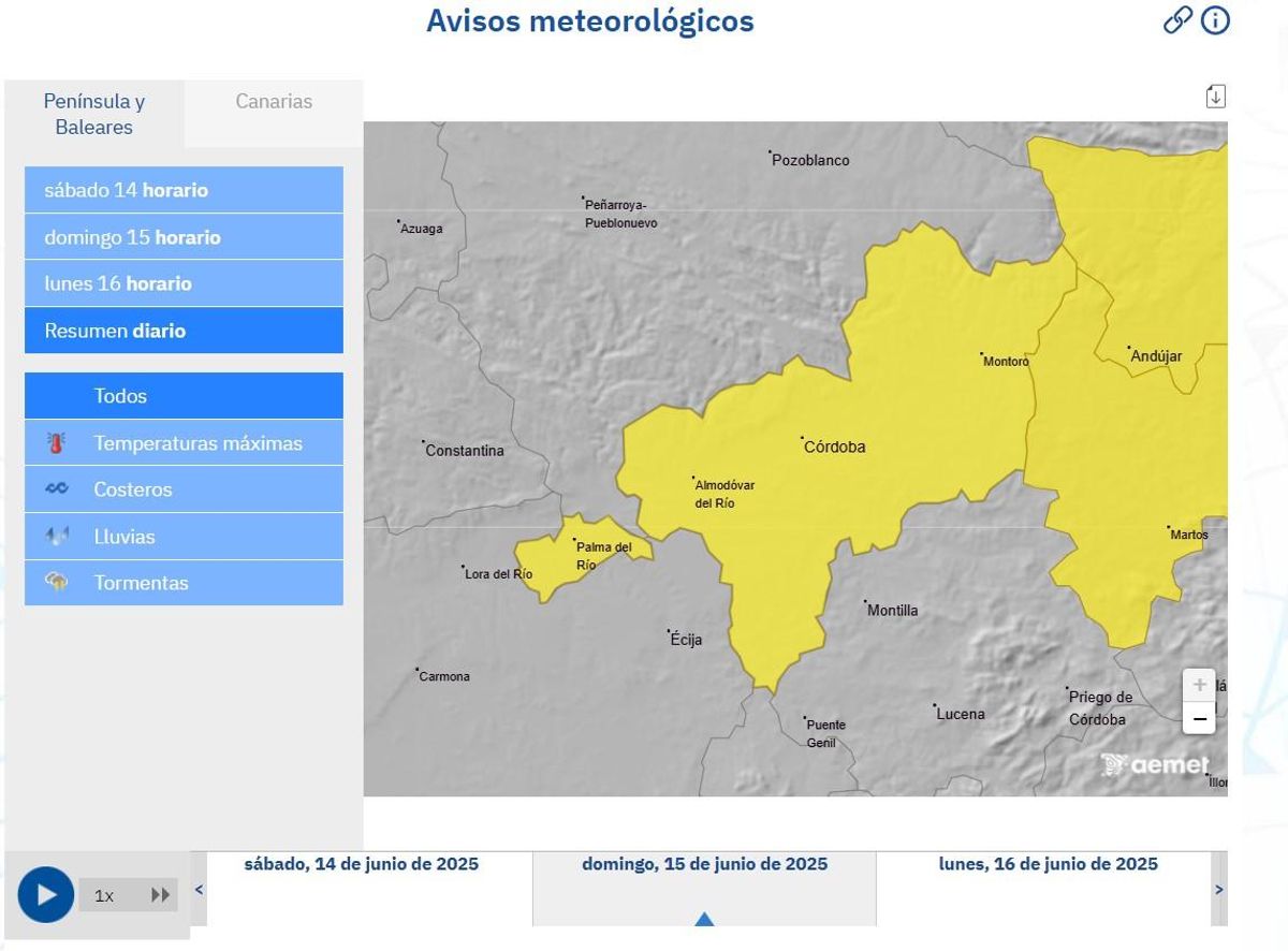 Aviso amarillo este domingo, 15 de junio, en la Campiña cordobesa.